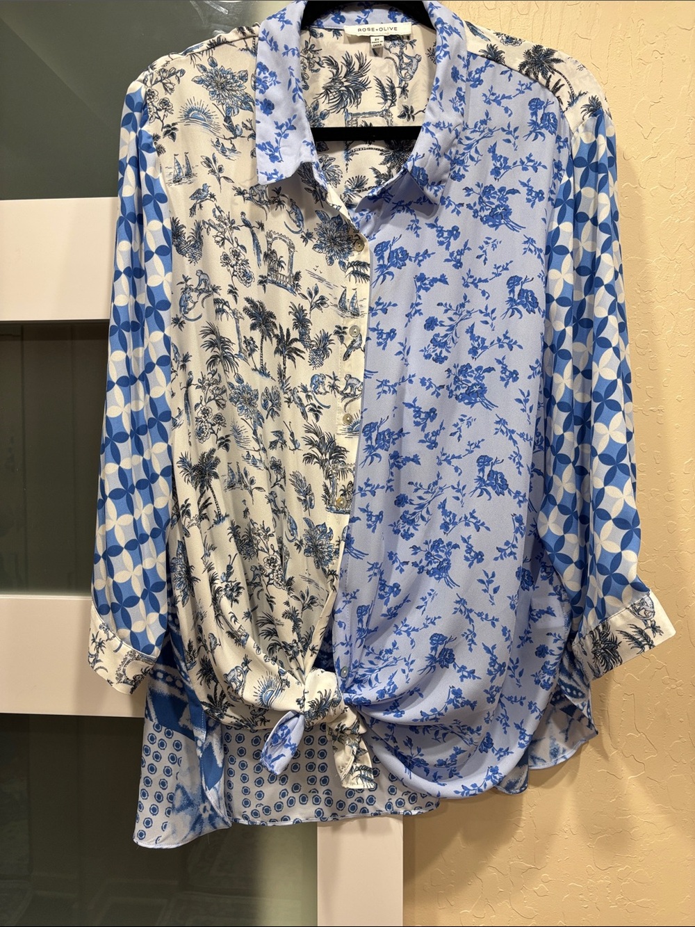Rose & Olive Blue Mixed-Print Button-Front Shirt